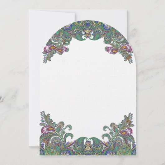 Uitnodiging voor groene Raspberry Blue Damask Wedd (Achterkant)