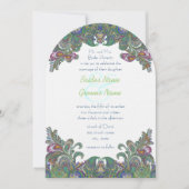Uitnodiging voor groene Raspberry Blue Damask Wedd (Voorkant)
