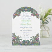 Uitnodiging voor groene Raspberry Blue Damask Wedd (Staand voorkant)