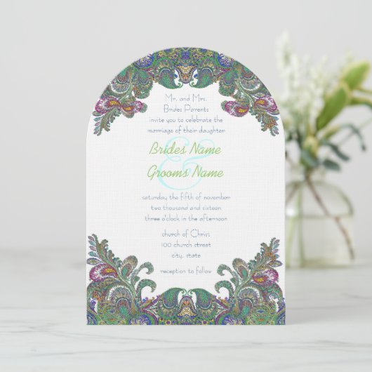 Uitnodiging voor groene Raspberry Blue Damask Wedd (Staand voorkant)