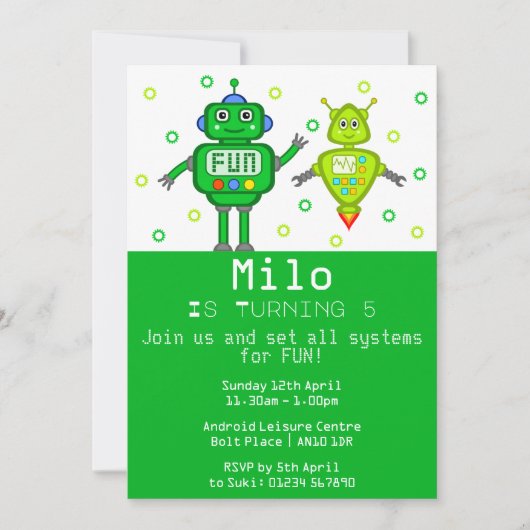 Uitnodiging voor groene robots Birthday Party (Voorkant)