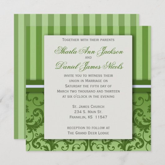 Uitnodiging voor groene striped Damask Wedding (Voorkant / Achterkant)