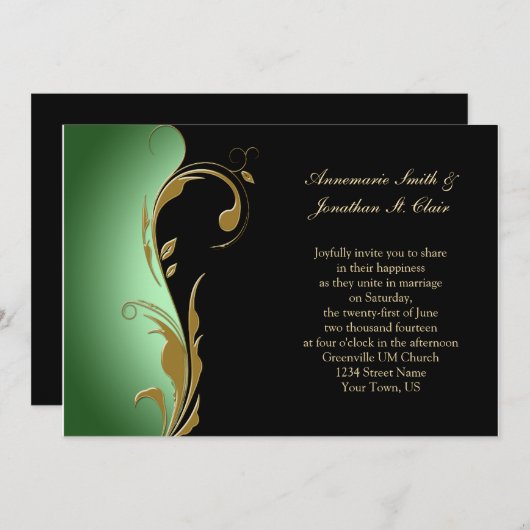  uitnodiging voor groene zwarte en gouden bruiloft (Voorkant / Achterkant)