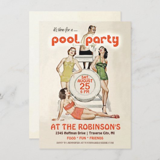 Uitnodiging voor groepspartij Cute Retro (Voorkant / Achterkant)