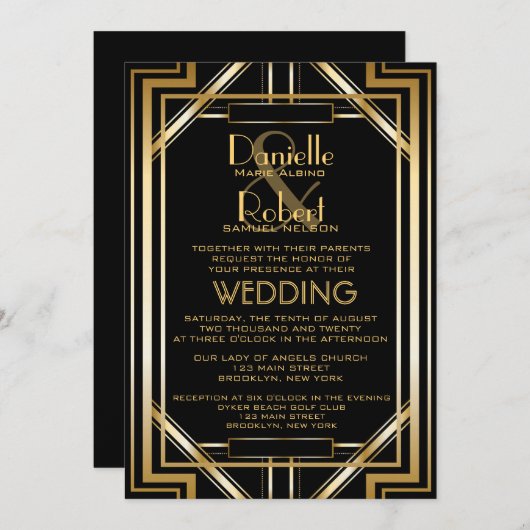 Uitnodiging voor grote geïnspireerde Deco-weddensc (Voorkant / Achterkant)