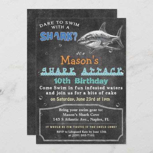 Uitnodiging voor haai verjaardagskalkbord (Voorkant / Achterkant)