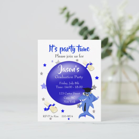 Uitnodiging voor haaienafstudeerfeest (Staand voorkant)