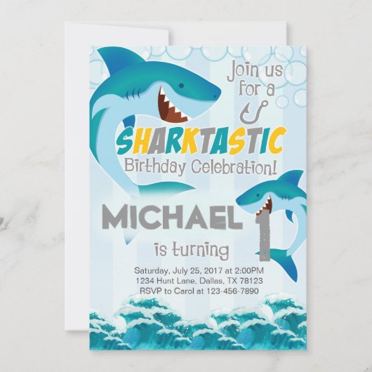 Uitnodiging voor haaienverjaardagsfeestje om jonge (Voorkant)