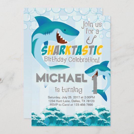 Uitnodiging voor haaienverjaardagsfeestje om jonge (Voorkant / Achterkant)