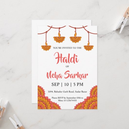 uitnodiging voor haldi-ceremonie (Voorkant / Achterkant in situ)