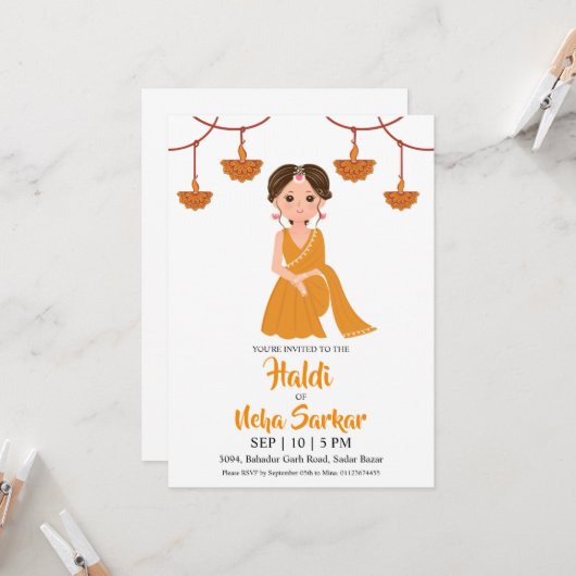 uitnodiging voor haldi-ceremonie (Voorkant / Achterkant in situ)