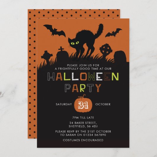 Uitnodiging voor Halloween-feest - Black Cat (Voorkant / Achterkant)
