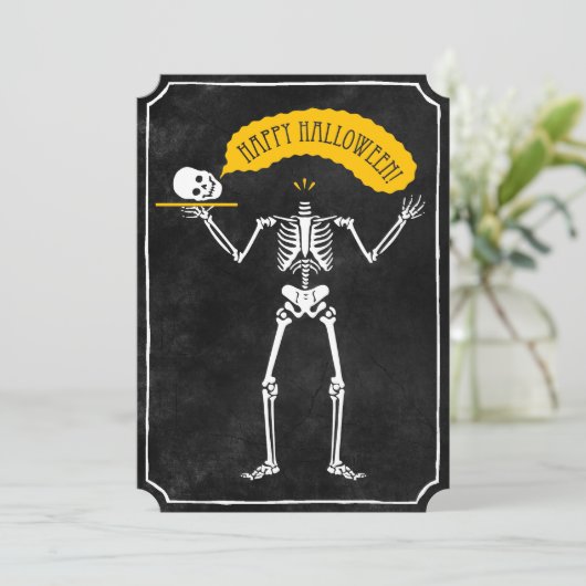 Uitnodiging voor Halloween: Happy Skeleton (Staand voorkant)
