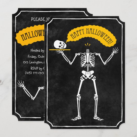 Uitnodiging voor Halloween: Happy Skeleton (Voorkant / Achterkant)