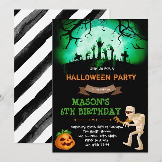 Uitnodiging voor Halloween mummy Party (Voorkant / Achterkant)