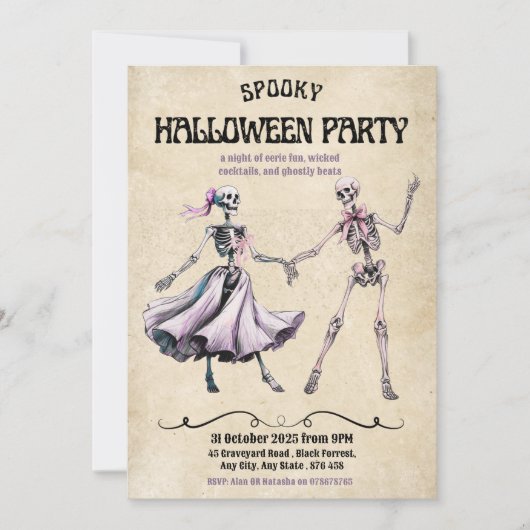 Uitnodiging voor Halloween Party - Dancing Skeleto (Voorkant)