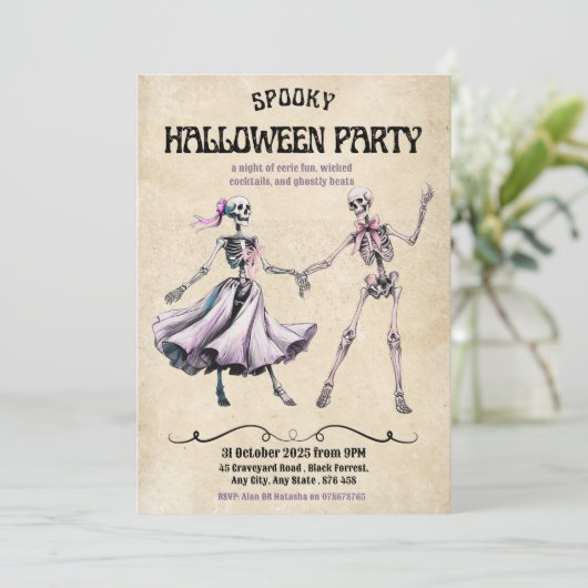 Uitnodiging voor Halloween Party - Dancing Skeleto (Staand voorkant)