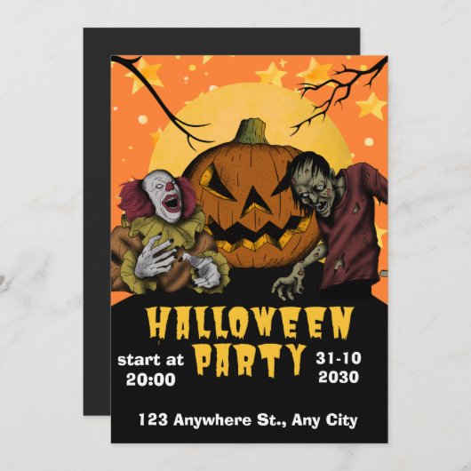 Uitnodiging voor Halloween Party | Zombie en clown (Voorkant / Achterkant)