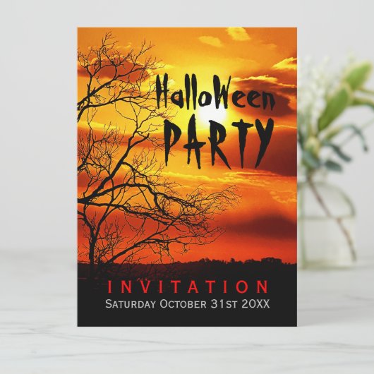Uitnodiging voor Halloween Rood Zonsondergang Silh (Staand voorkant)