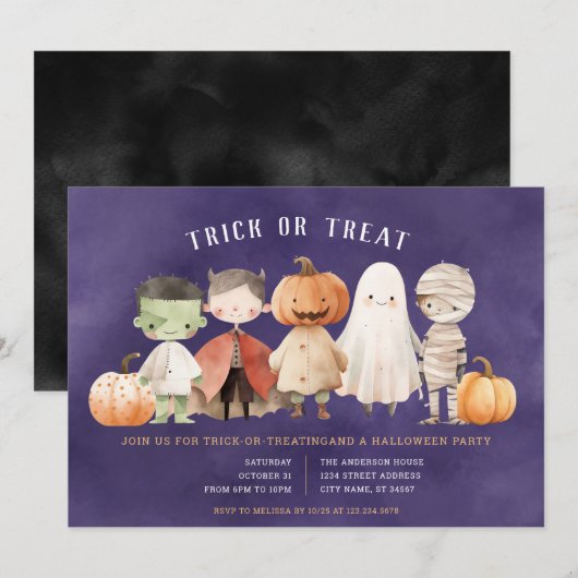 Uitnodiging voor Halloween Trick or Treat-feest (Voorkant / Achterkant)