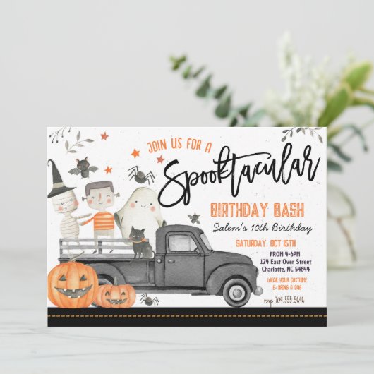 Uitnodiging voor Halloween-verjaardagsfeest, (Staand voorkant)