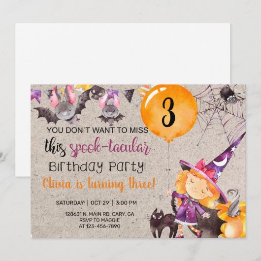 Uitnodiging voor Halloween witch girl. (Voorkant / Achterkant)