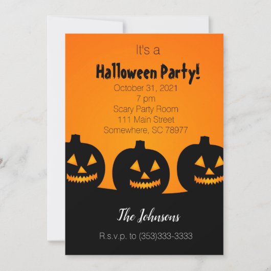 Uitnodiging voor Halloweenfeest met drie pompoenen (Voorkant)