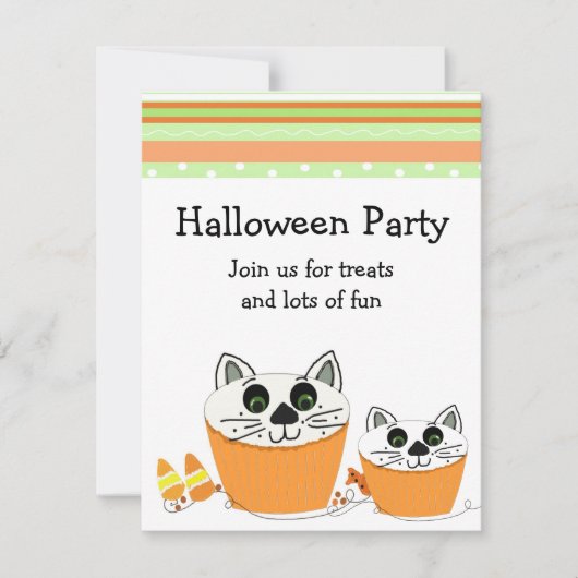 Uitnodiging voor Halloweenfeest met katten-cupcake (Voorkant)