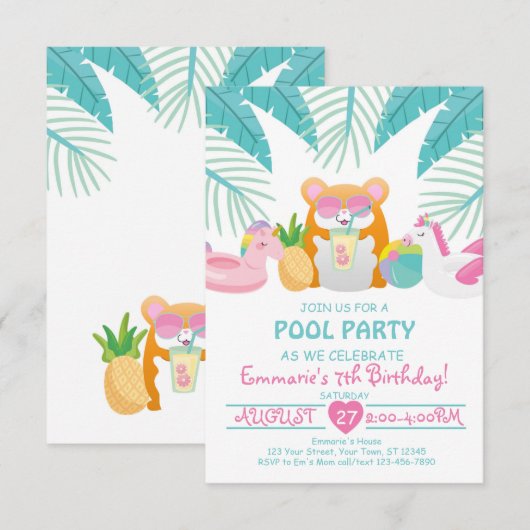 Uitnodiging voor Hamster Tropisch Zwembadfeest (Voorkant / Achterkant)