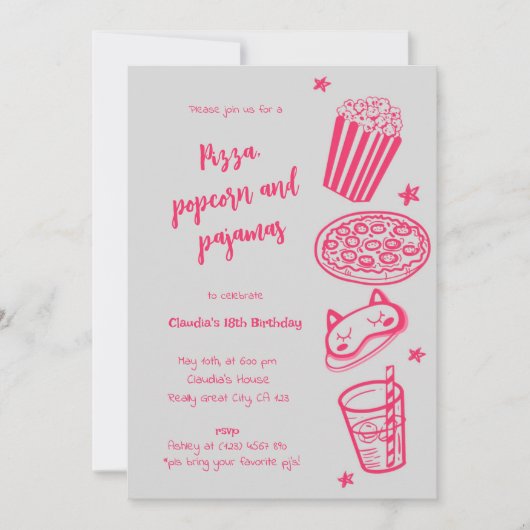 Uitnodiging voor handgetekende pizza, popcorn en p (Voorkant)