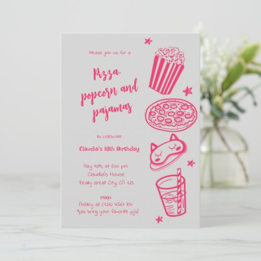 Uitnodiging voor handgetekende pizza, popcorn en p (Staand voorkant)