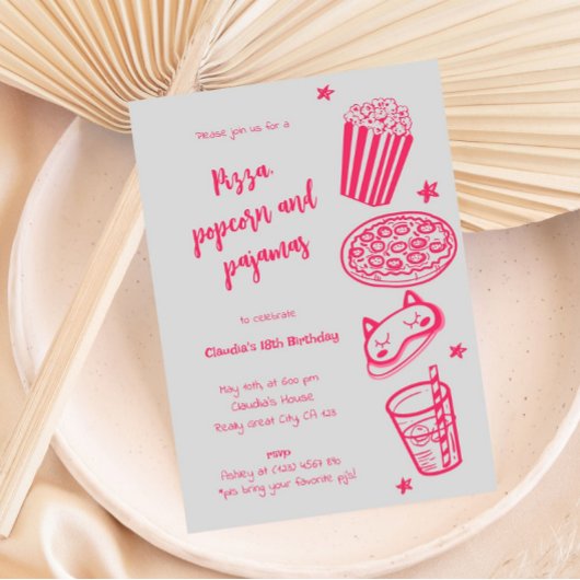 Uitnodiging voor handgetekende pizza, popcorn en p