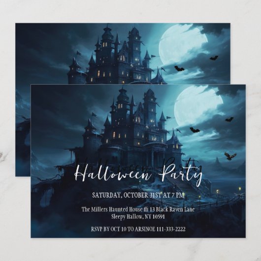 Uitnodiging voor Haunted Hill Halloween Party (Voorkant / Achterkant)