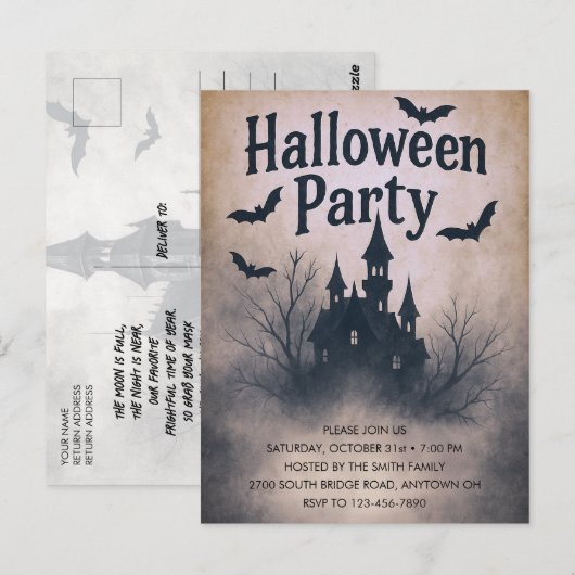 Uitnodiging voor Haunted Manor Halloween-feest  (Voorkant / Achterkant)