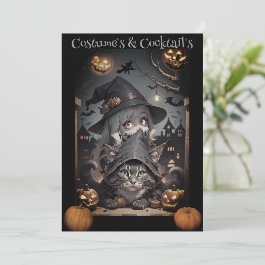 Uitnodiging voor heks en kat Halloween-feest (Staand voorkant)
