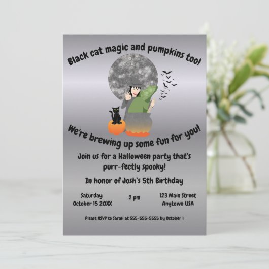 Uitnodiging voor heks en zwarte kat (Staand voorkant)