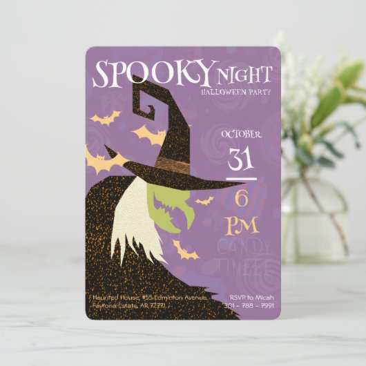 Uitnodiging voor heks Halloween (Staand voorkant)