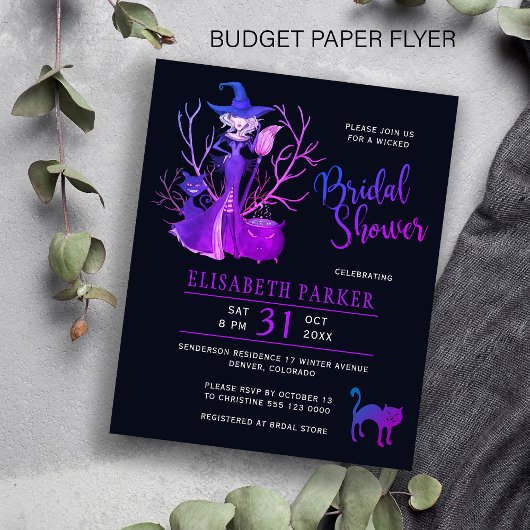 Uitnodiging voor heks-zwarte bruidsdouche met Hall Flyer