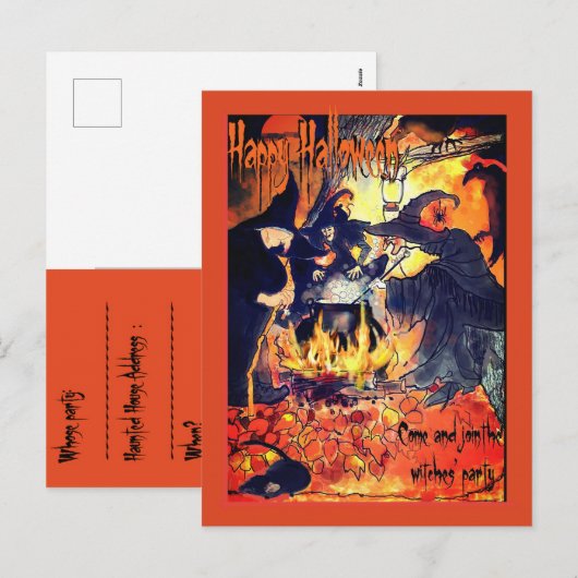 Uitnodiging voor heksendrie Halloweenfeestje (Voorkant / Achterkant)