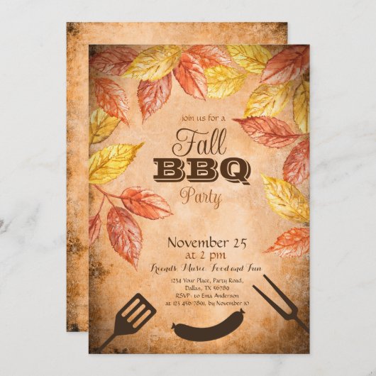 Uitnodiging voor herfst BBQ, Autumn Barbeque Feest (Voorkant / Achterkant)