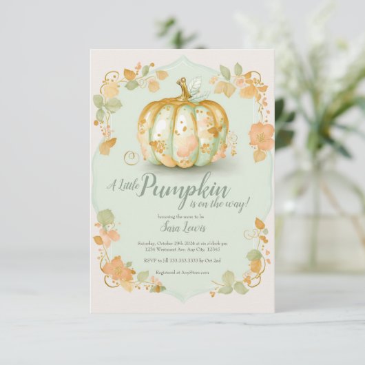 Uitnodiging voor herfst-pompoen babyshower (Staand voorkant)