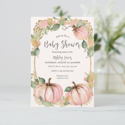 Uitnodiging voor herfst pompoen babyshower roze po (Staand voorkant)