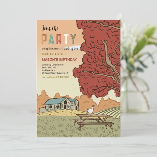 Uitnodiging voor herfstboerderij-landschapsfeestje (Staand voorkant)