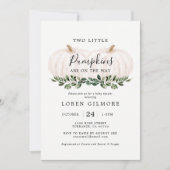 Uitnodiging voor herfstgroen pompoen tweeling baby (Voorkant)