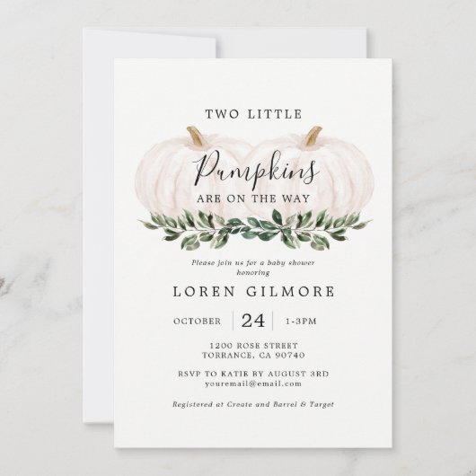 Uitnodiging voor herfstgroen pompoen tweeling baby (Voorkant)