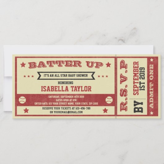  uitnodiging voor het Baby shower Baseball Ticket (Voorkant)