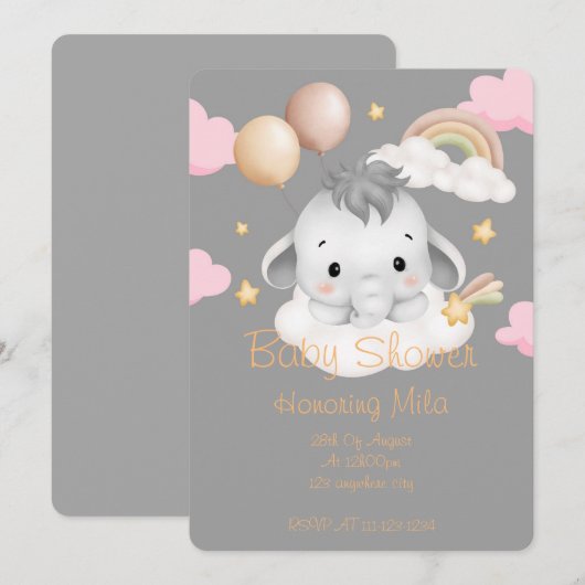 UITNODIGING VOOR HET BABY SHOWER VAN DE OLIFANT (Voorkant / Achterkant)