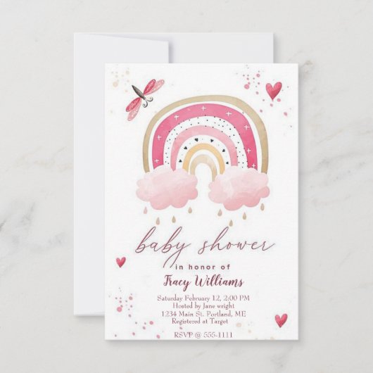  uitnodiging voor het baby shower van de roze rege (Voorkant)