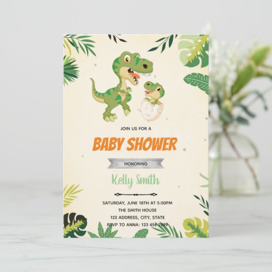 uitnodiging voor het baby shower van dinosaur (Staand voorkant)
