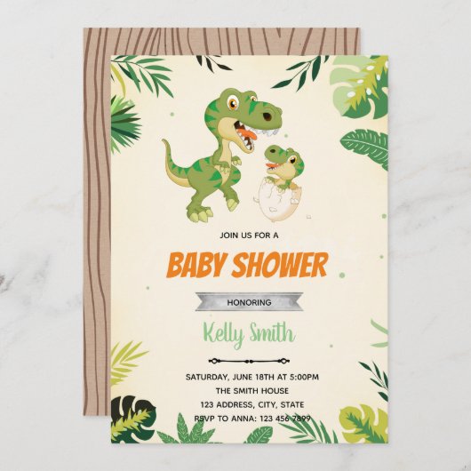 uitnodiging voor het baby shower van dinosaur (Voorkant / Achterkant)